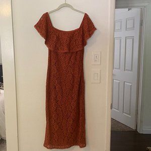 Lulu's Rust Orange Lace Off-The-Shoulder Bodycon Midi Dress